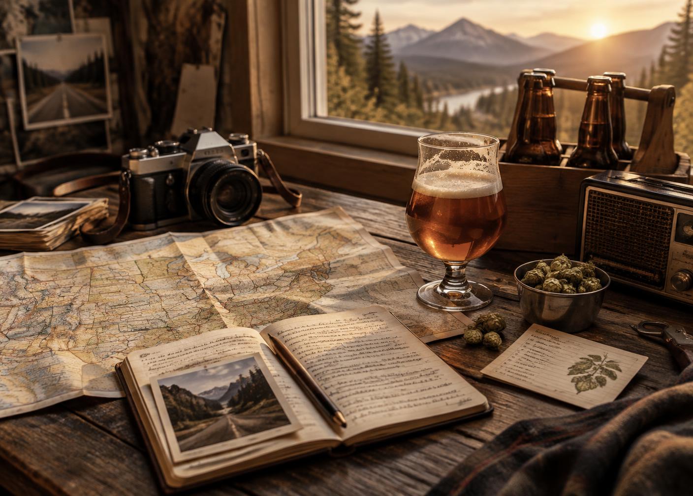 A travel notebook, map, camera and beer arranged beside a window