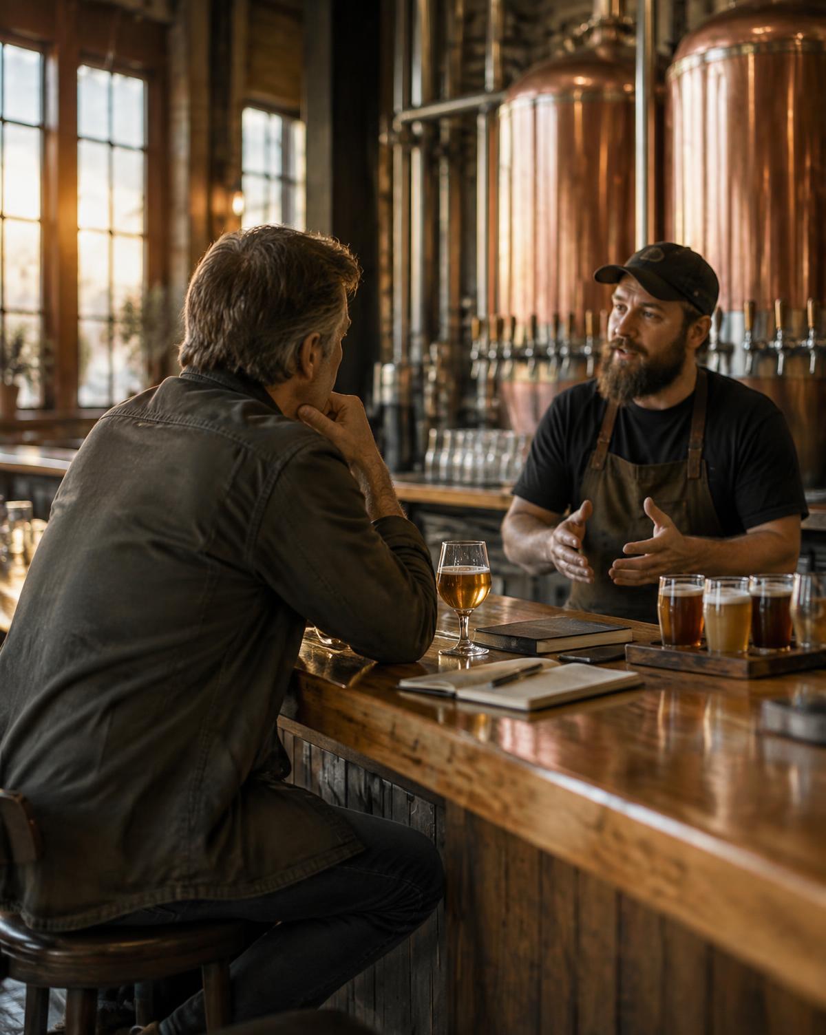 A travel host in conversation with a brewer