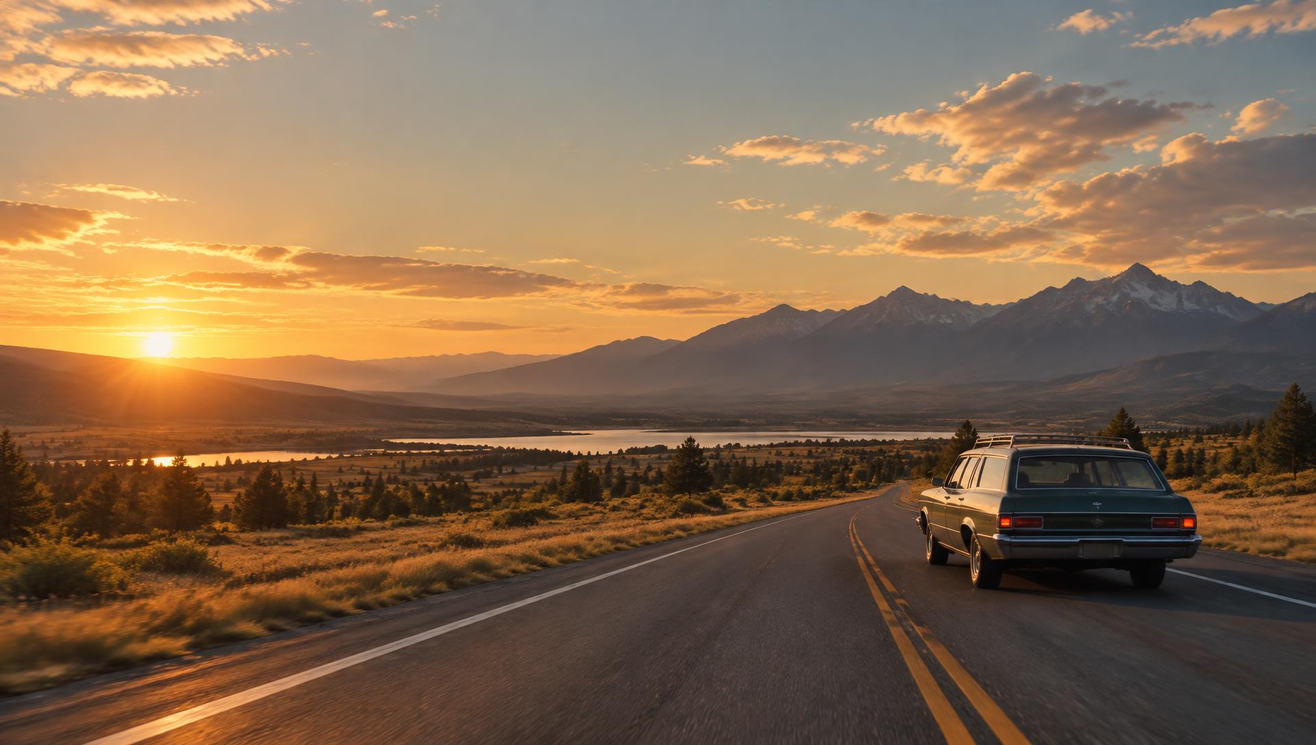 A station wagon on an open American highway at sunset